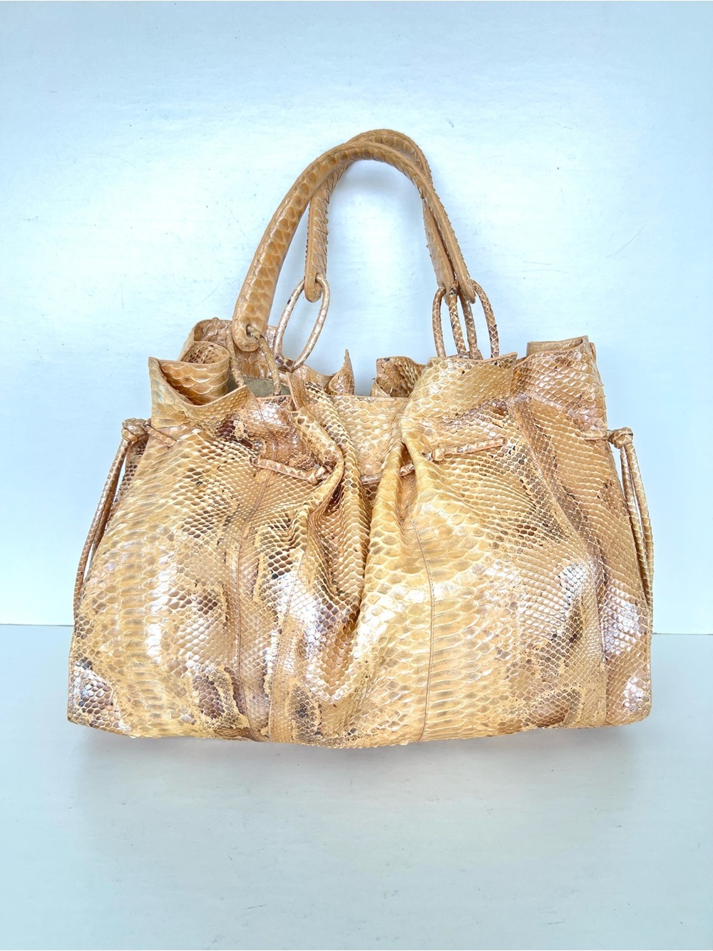 NANCY GONZALEZ Beige Brown Python Snake Leather Unique Handles Shoulder Tote